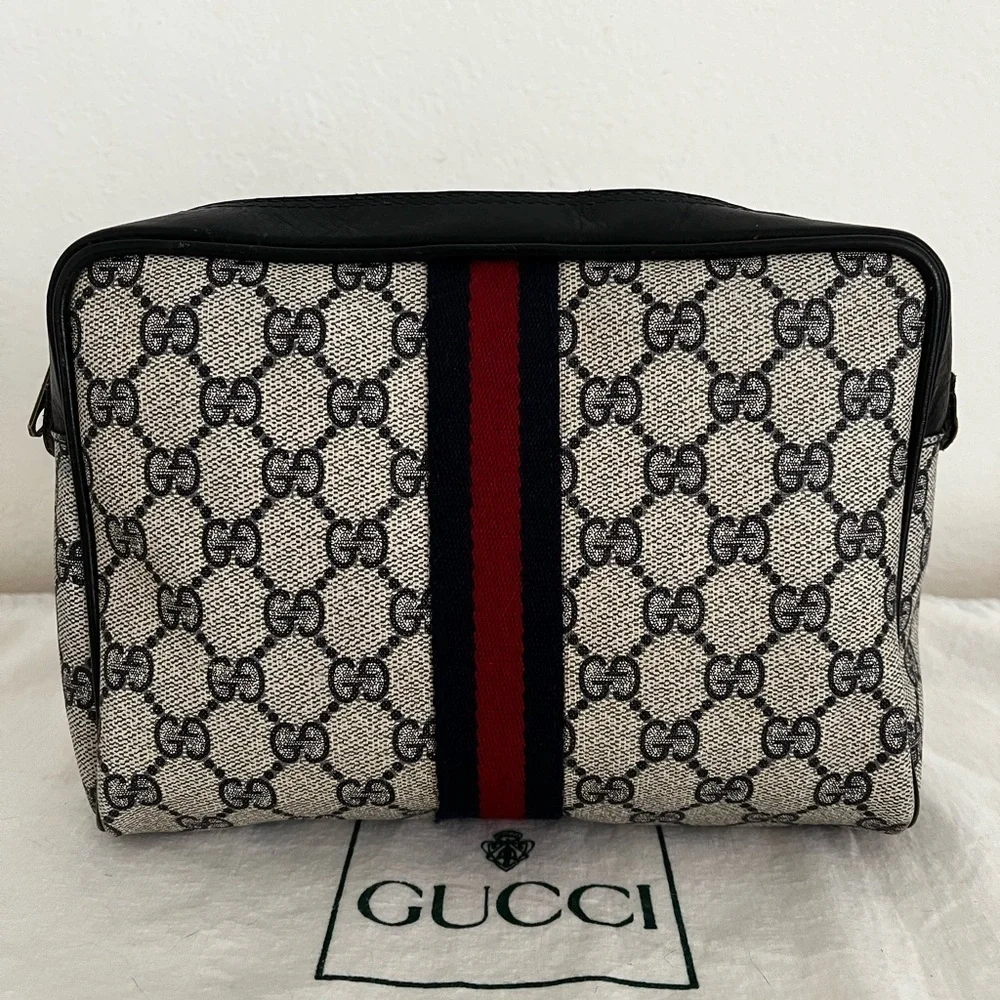 Gucci Blue GG Supreme Sherry Line Clutch Cosmetic Pouch Late1970s-84 Collectible